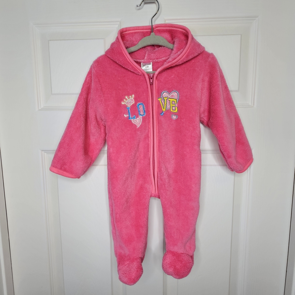 Baby Girl Fuschia Pink 'Love' Embroidered Fleece Footie Hooded Pajamas 6-9M Cozy
